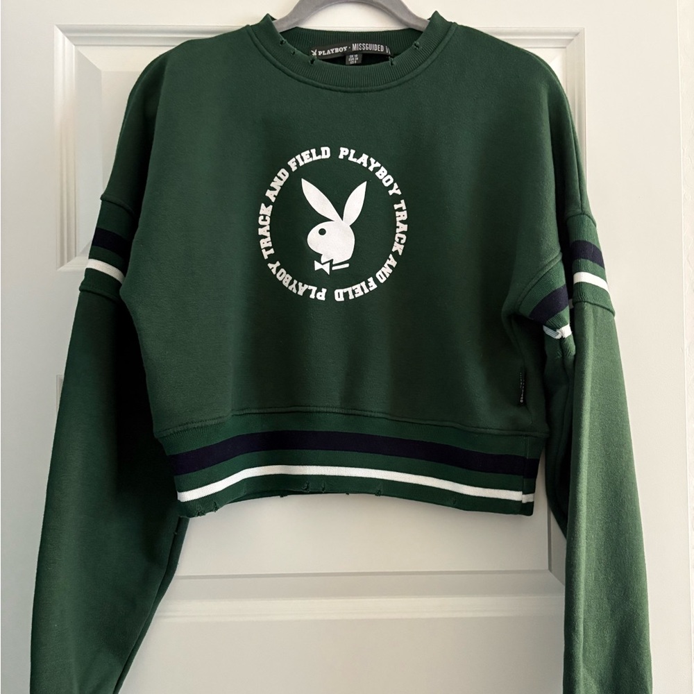 Missguided x Playboy Green Varsity Cropped Sweatshirt
